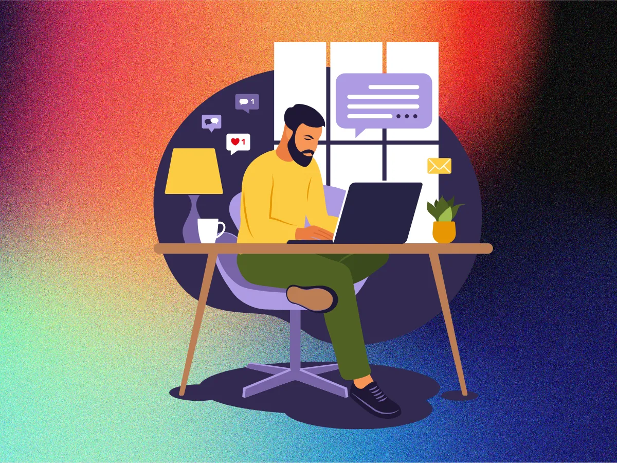 Freelancer working at desk with digital notifications, symbolizing private cloud control and SaaS-free independence with HomeDock OS