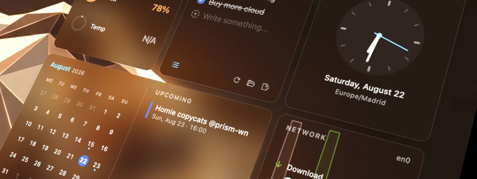 HomeDock OS 2.4 desktop widgets: Calendar, Notes, Clock, Network and System