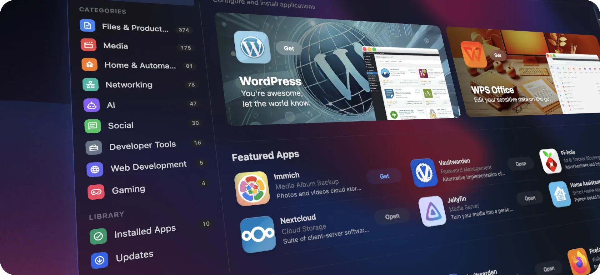 HomeDock OS 2.6 App Store with its category sidebar, featured carousel and Featured Apps rows