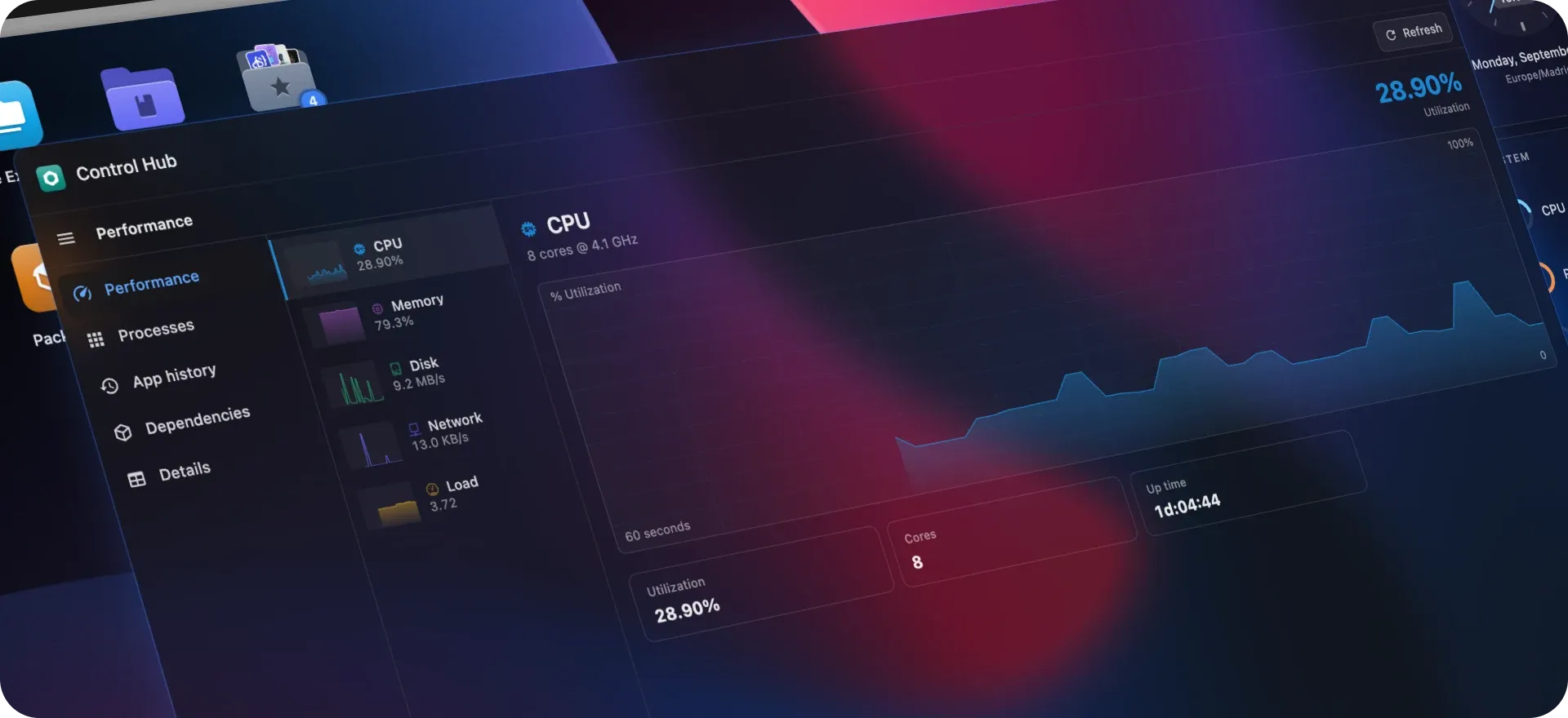 HomeDock OS 2.6 Control Hub Performance tab with live CPU, memory, disk, network and load graphs