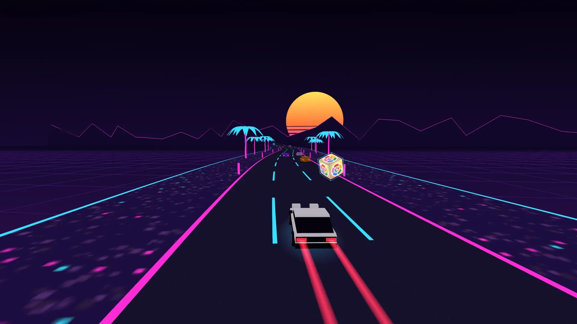 Neon Rush: a black and white hatchback boosting down a neon synthwave highway at sunset, with light trails behind it, palm trees and a spinning app-icon cube ahead