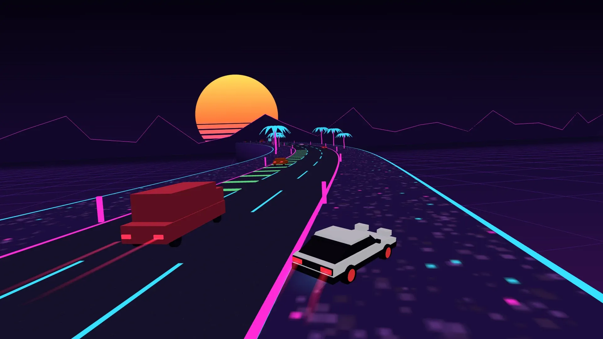 Neon Rush: the hatchback drifting sideways through a left-hand bend with its rims glowing red, past a truck, with green repair stripes painted on a lane ahead