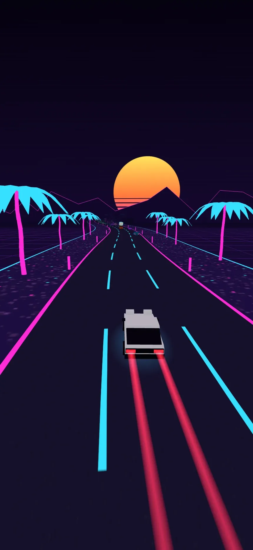 Neon Rush on a phone held upright: the camera tilted towards the road, the hatchback boosting with light trails between rows of neon palm trees