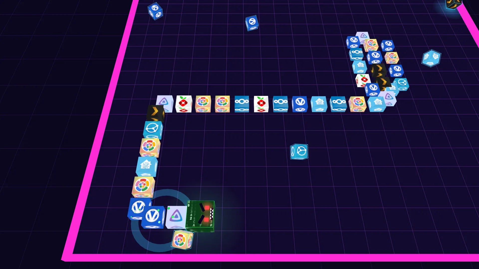 Packet Snake in sudo mode: the snake's head is a cube of green Matrix-style characters with red eyes, its body made of app-icon cubes, with bonus packets scattered across the grid