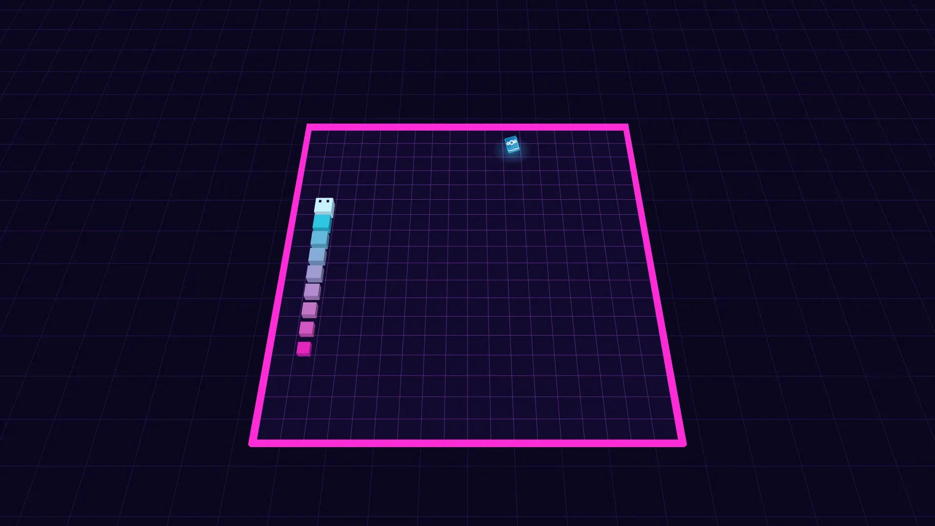 Packet Snake: a short cyan-to-pink snake on a neon grid with a pink border, heading for a packet that wears the Nextcloud icon