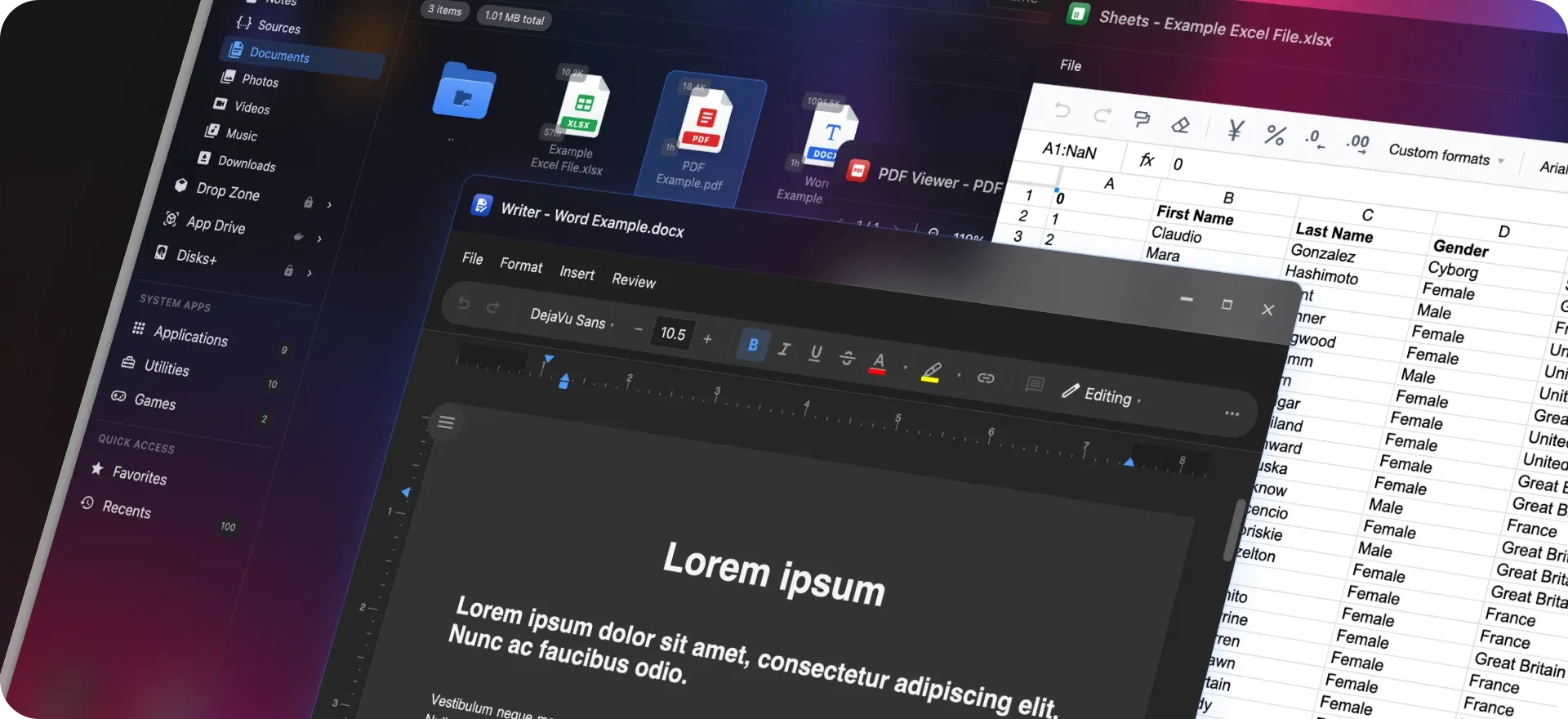 HomeDock OS 2.6 Writer editing a Word document and Sheets editing an Excel file, opened from the File Explorer