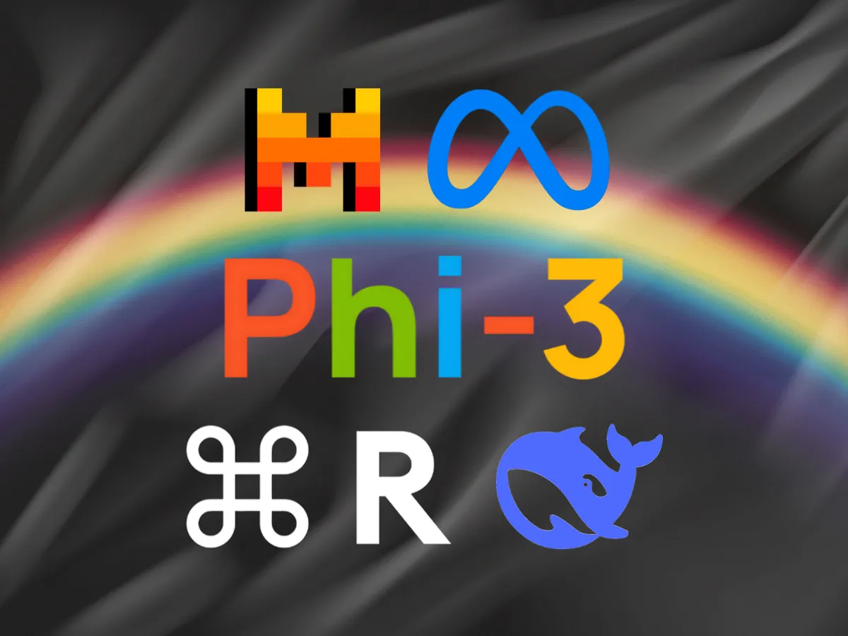 A rainbow shining over the icons of five open-source LLMs: Mistral, LLaMa, Phi-3, Command-R, and DeepSeek-r1