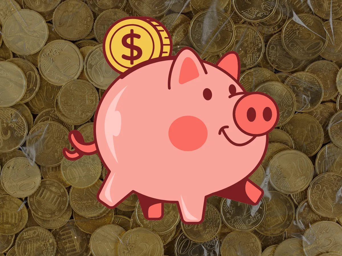 Smiling piggy bank on a background of coins, representing cost savings and affordable self-hosting with HomeDock OS