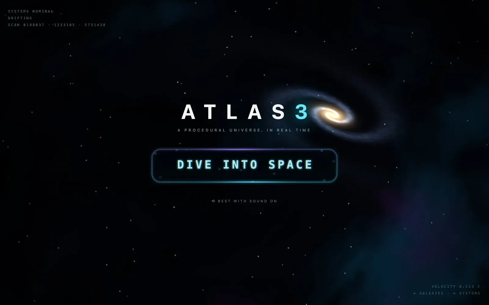 The front door of ATLAS3: the ATLAS3 wordmark, a Dive into the void button and the ship's telemetry over a living deep-space scene