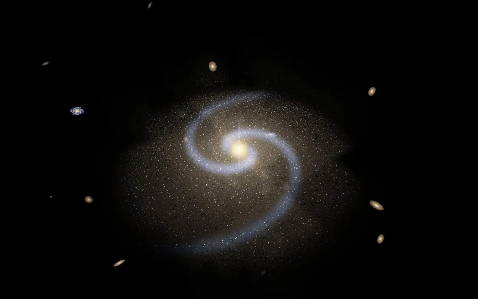 A spiral galaxy in The Atlas seen from outside, with its glowing core and two blue arms against deep space