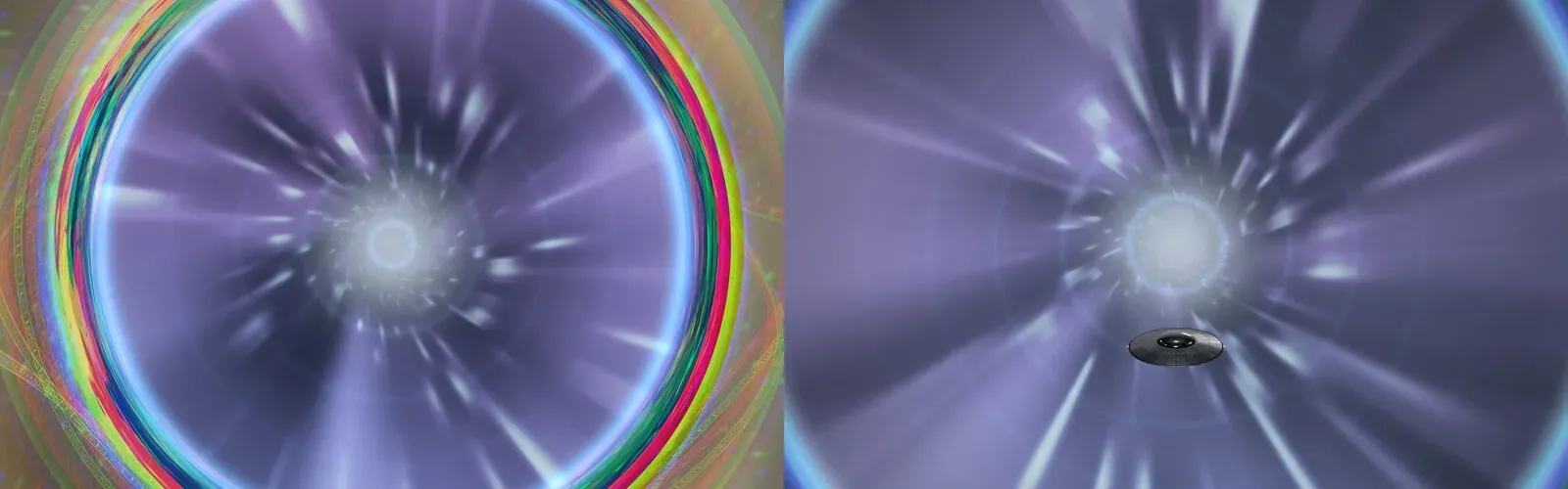 A hyperjump in ATLAS3: the wormhole's mouth ringed with bent colours, and the ship riding the violet hyperspace tunnel
