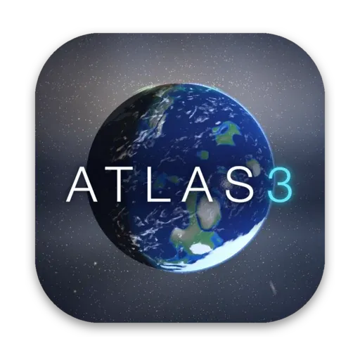The new ATLAS3 app icon for macOS: a blue Earth-like planet with the ATLAS3 wordmark across it