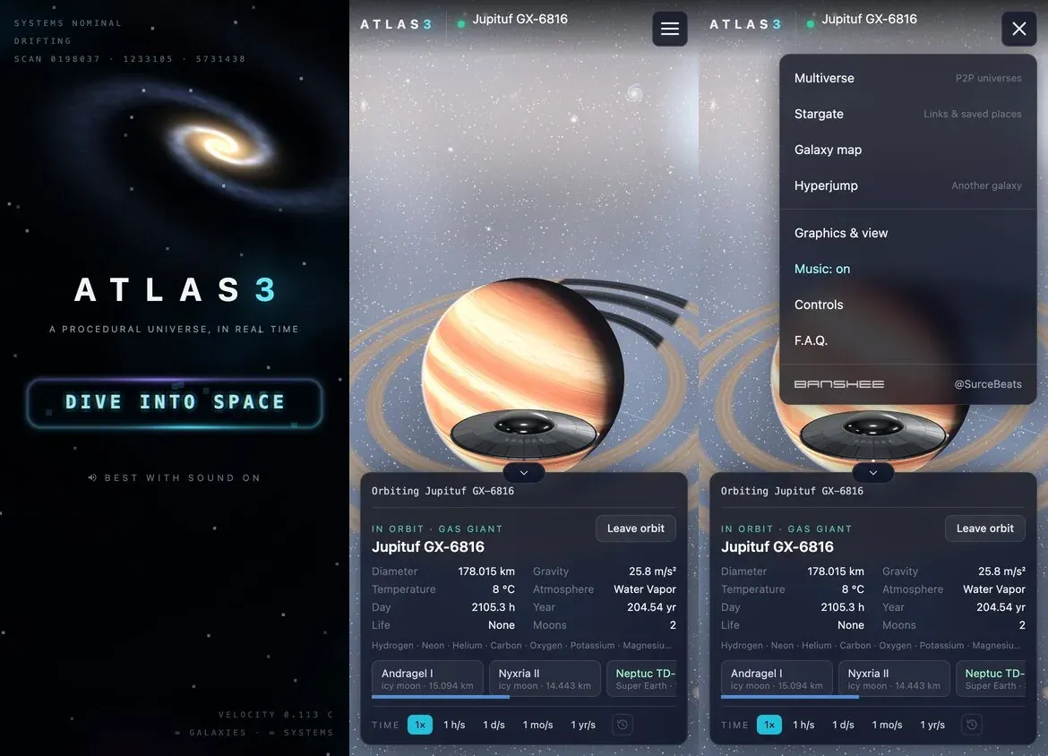 ATLAS3 on a phone: the front door, orbiting a ringed gas giant with the planet's data in the console, and the menu open