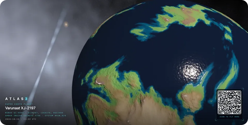 A photo taken in ATLAS3 of Varunaat XJ-2197, a super Earth with continents, shallow seas and ocean glint, stamped with its location and a QR code to fly there