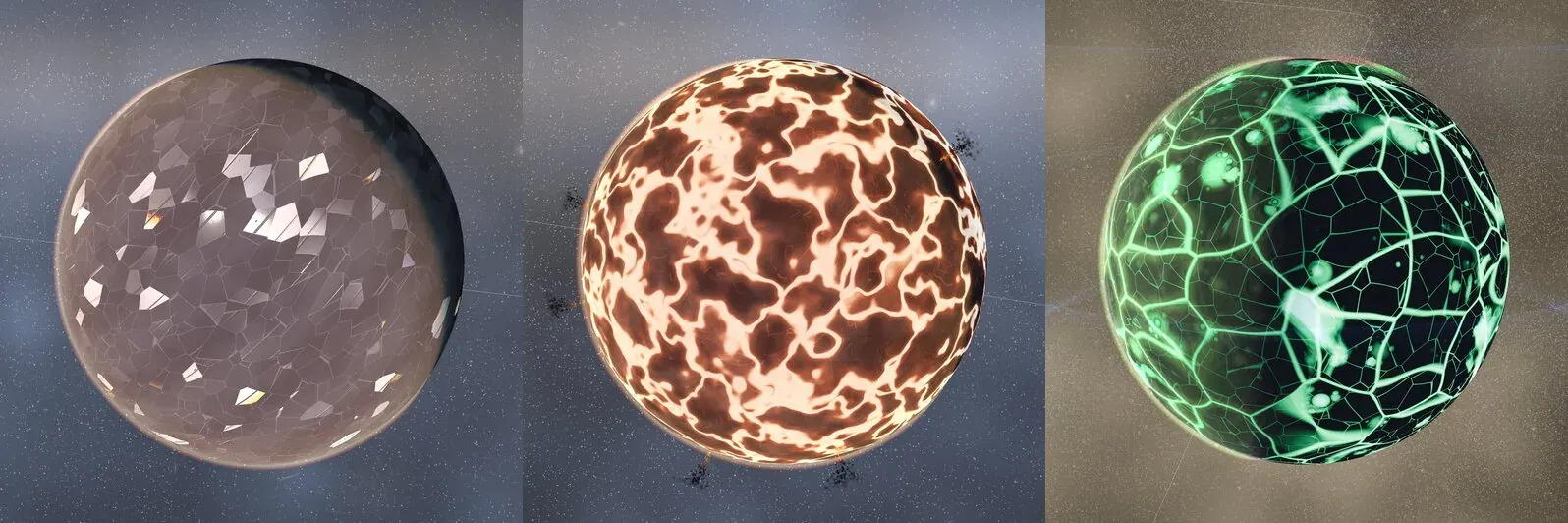 Three planets up close: a crystalline world with flashing facets, a molten world with glowing cracks and a radioactive world crossed by green luminous fissures