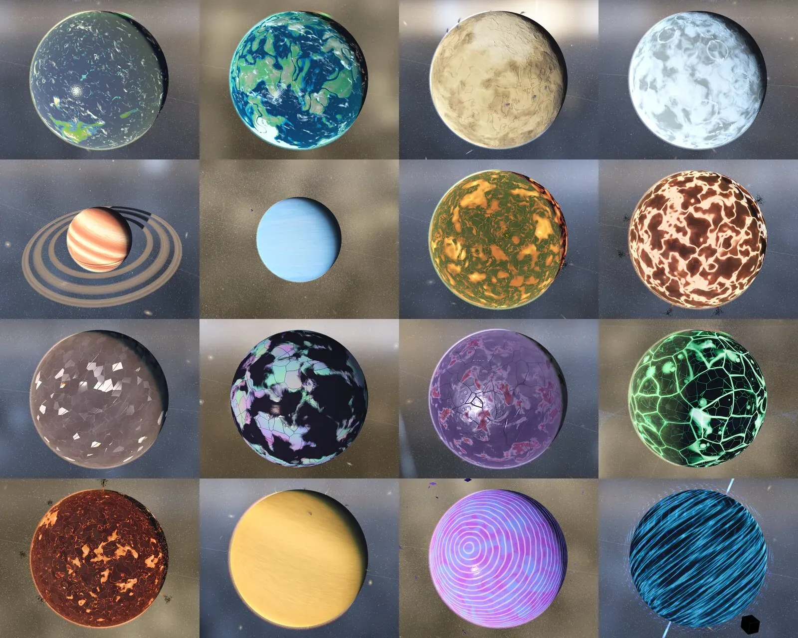 Sixteen planets rendered by ATLAS3 in a four by four grid: Earth-like worlds, a desert, an icy world, a ringed gas giant, an ice giant, lava and magma worlds, crystal, metallic and radioactive planets and exotic anomalies