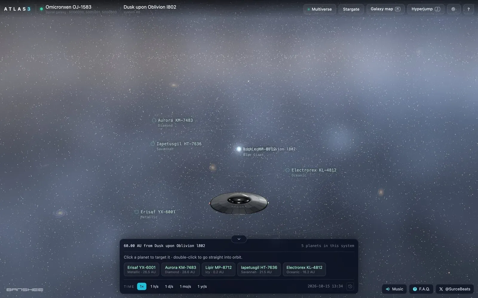 A star system in ATLAS3: a blue giant with five labelled planets on their orbits, the ship in front and the console listing the planets and the time controls