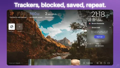 Brave Browser Screenshot - Trackers, blocked, saved, repeat.