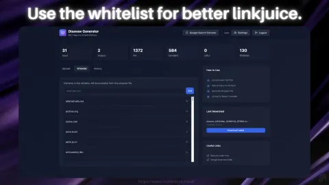 Disavow Generator Screenshot - Use the whitelist for better linkjuice.