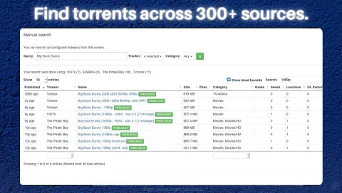 Jackett Screenshot - Find torrents across 300+ sources.