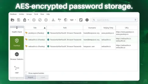 KeePassXC Screenshot - AES-encrypted password storage.