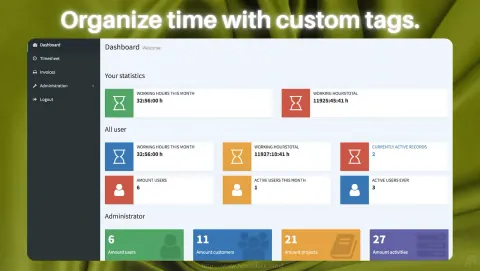 Kimai Screenshot - Organize time with custom tags.