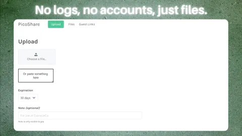 PicoShare Screenshot - No logs, no accounts, just files.
