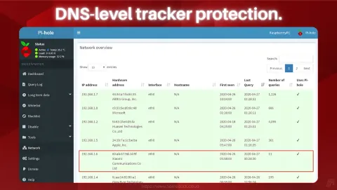 Pi-hole Screenshot - DNS-level tracker protection.