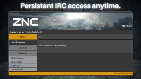 ZNC Screenshot - Persistent IRC access anytime.