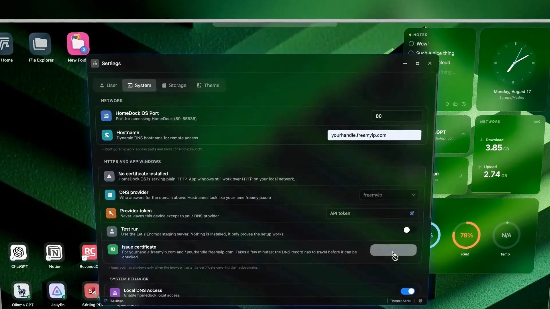 HomeDock OS Settings showing the DNS provider and Issue certificate controls