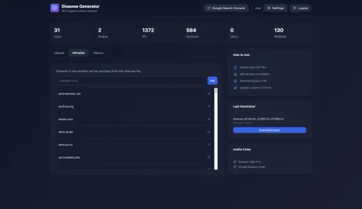 Disavow Generator Screenshot - Whitelist Section