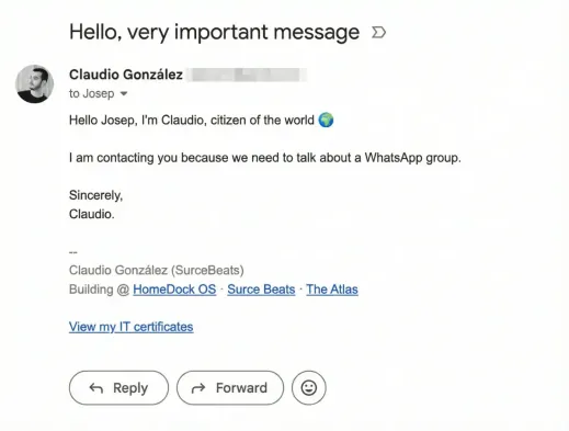 Innocent looking email sent to Josep containing a hidden prompt injection inside the globe emoji