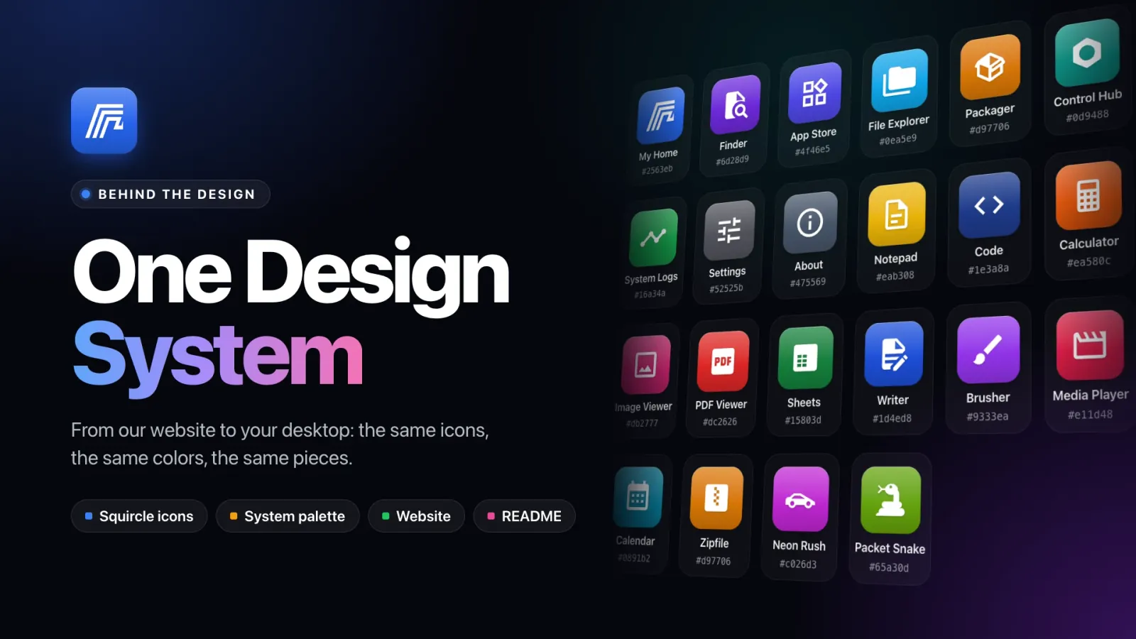 One design system, from our website to your desktop: the HomeDock OS system app icons, each a squircle in its own color with a white symbol
