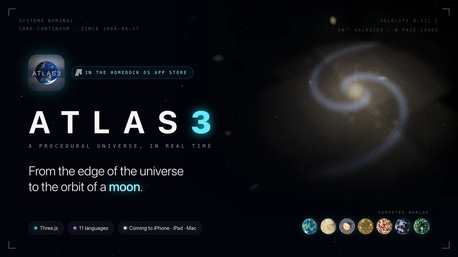 ATLAS3, a procedural universe in real time: the new app icon with a blue planet, a spiral galaxy and a row of rendered planets, in the HomeDock OS App Store and coming to iPhone, iPad and Mac