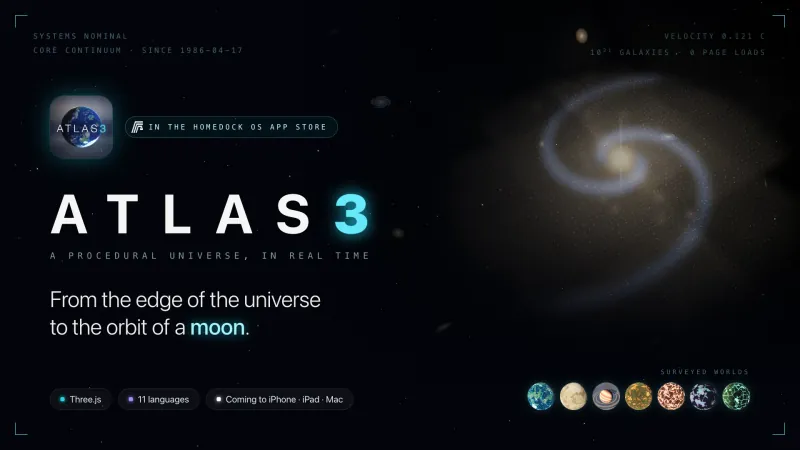 ATLAS3, a procedural universe in real time: the new app icon with a blue planet, a spiral galaxy and a row of rendered planets, in the HomeDock OS App Store and coming to iPhone, iPad and Mac